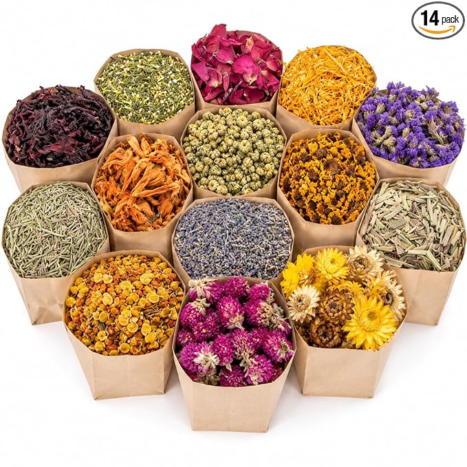 Sukh Dried Herbs Kit - Dried Botanicals Bulk,14 Bags Natural Dry Flowers and Herbs for Soap,Candle,Perfume,Bath Bombs,Resin Jewelry Making Supplies,Fragrance Sachet DIY and Witchcraft