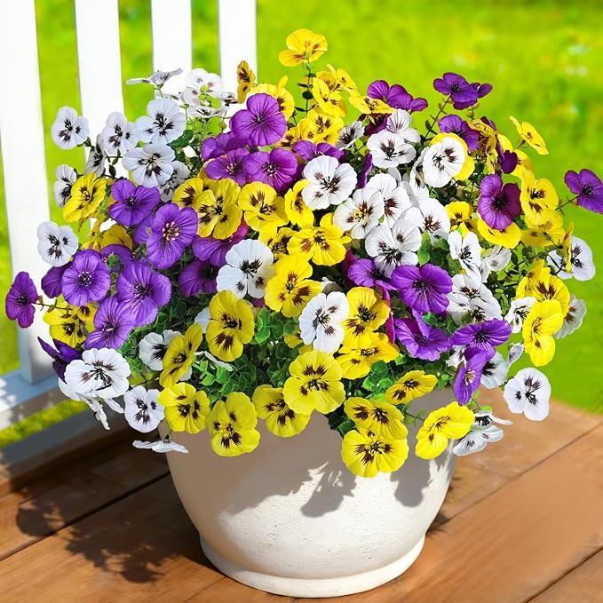 20 Pcs Artificial Fake Pansy Flowers for Outdoors, Faux Silk Pansies Spring Flowers UV Resistant Artificial Plants Outdoor for Planter Front Door Porch Yard Patio Home Decor(Purple Yellow White)