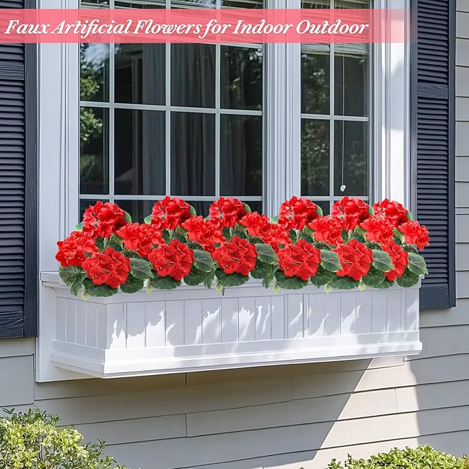 2 Pack Artificial Geranium Fake Flowers for Outdoors Spring Summer Decor, Silk Geraniums Red Flowers UV Resistant Faux Flower Potted Plants for Gardens Farmhouse Indoor Home Table Decor (Red)