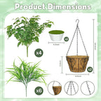 2 Pack Artificial Hanging Plants with Basket, 10 PCS UV Resistant Fake Outdoor Greenery Plants, Faux Grape Leaves for Home Garden Patio Front Porch Yard Decor (Green)