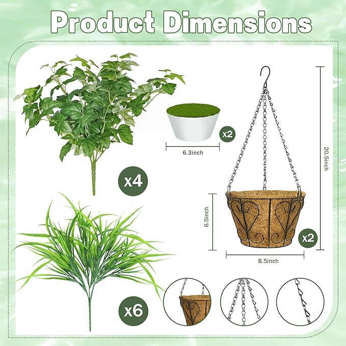 2 Pack Artificial Hanging Plants with Basket, 10 PCS UV Resistant Fake Outdoor Greenery Plants, Faux Grape Leaves for Home Garden Patio Front Porch Yard Decor (Green)