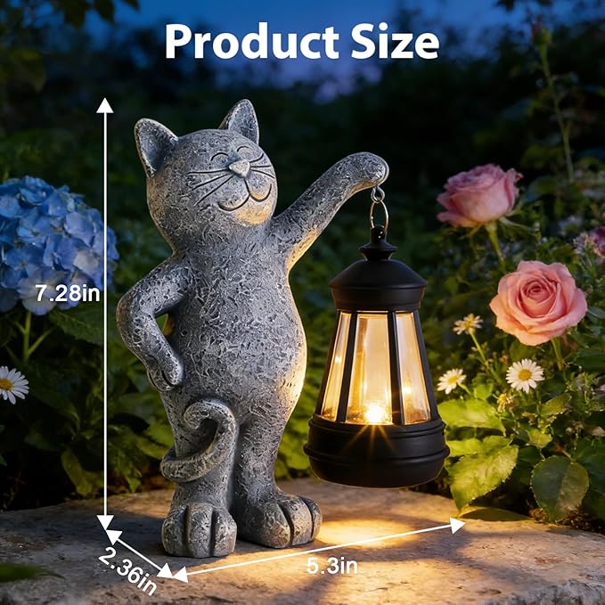 Solar Garden Cat Statue with LED Lights, Outdoor Cat Figurine for Cat Lovers, Yard Lawn Patio Home Decor, Mother’s Day Birthday Gifts for Women Mom Grandma