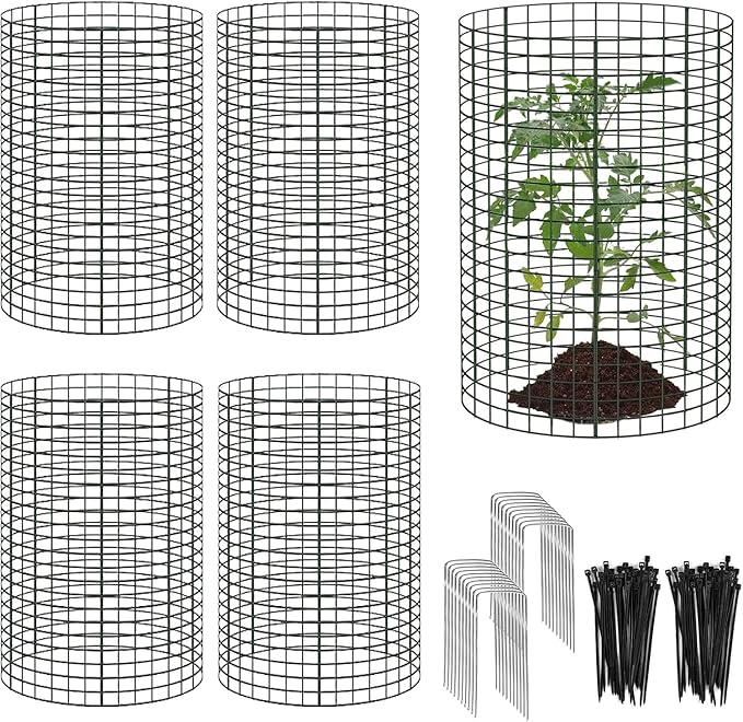 15 Pcs Large Wire Plant Protector from Animals, 5 Sets 24" H X 12" Dia Metal Plant Cage Chicken Wire Cloche Pack with Ground Stakes and Nylon Tie to Keep Animals Out, Garden Protection Bunny Barricade