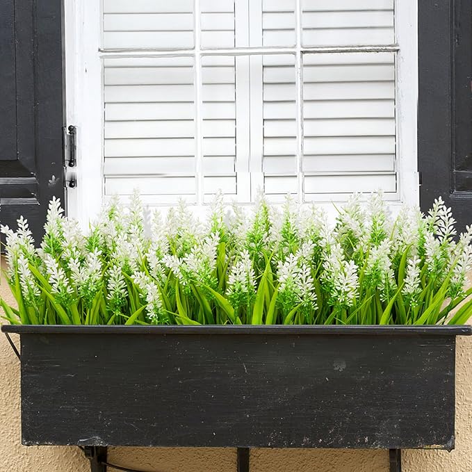 Bassion 24 Bundles Artificial Flowers for Outdoors, Fake Lavender Flowers with Monkey Grass UV Resistant Plastic Faux Plants for Outside Hanging Planter Window Box Garden Patio Front Porch Home Decor