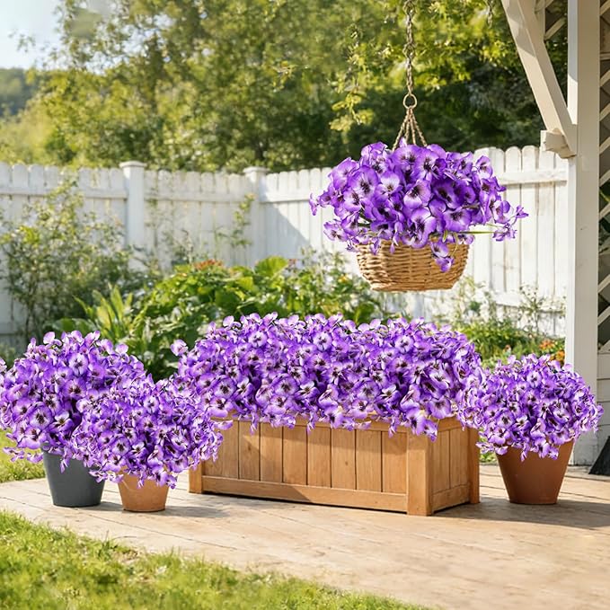 ZAIYW 18 Bundles Artificial Flowers Outdoor Fake Flowers Pansies Faux Artificial Plants for Planter Porch Yard Home Decor (Purple White)
