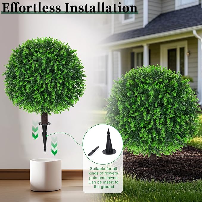 Artificial Eucalyptus Topiary Ball Trees, 2 Set of 16'' UV Resistant Fake Evergreen Shrubs Bushes Plants with Ground Spike, Fake Plants for Outdoor Indoor Front Porch Garden