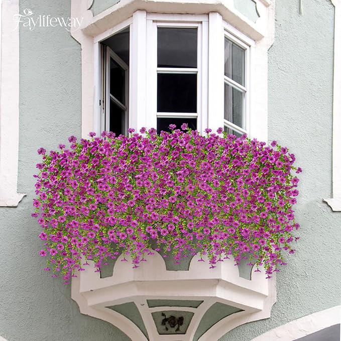 Artificial Hanging Flowers for Outdoors Spring Summer Decoration, 4PCS UV Resistant Silk Fake Hanging Plants for Patio Porch Front Yard Window Garden Indoor Decor(Purple,4PCS)