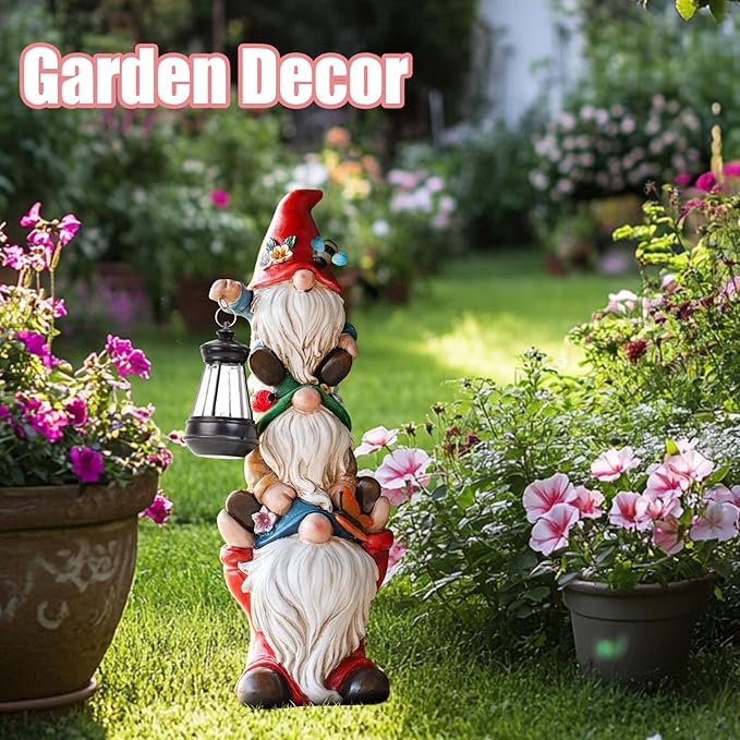 twinbling Garden Gnome Statue with Solar Lights Garden Sculptures Funny Triple Gnome Outdoor Patio Lawn Yard Balcony Home Decor Birthday Gift for Mom Woman Grandma 12 in Summer Gnomes