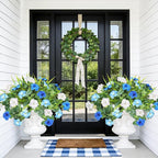 Artificial Flowers Plants for Outdoors, 6PCS UV Resistant Faux Flowers Outdoor Plants, Fake Petunias Silk Flowers for Garden Balcony Yard Porch Decor (White Blue)