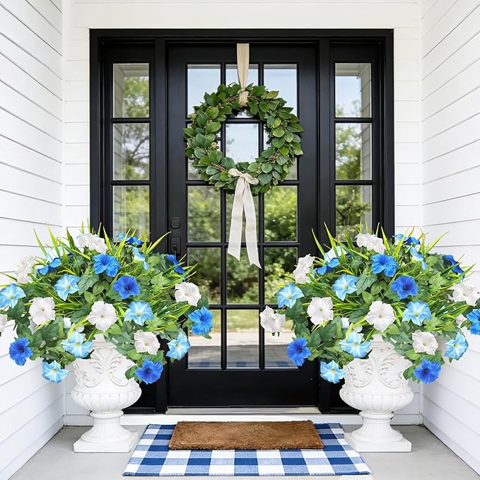 Artificial Flowers Plants for Outdoors, 6PCS UV Resistant Faux Flowers Outdoor Plants, Fake Petunias Silk Flowers for Garden Balcony Yard Porch Decor (White Blue)