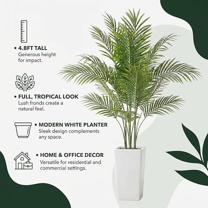 Garvee 4.8FT Artificial Palm Tree, Tall Faux Tropical Areca Plants with White Tall Planter, Fake Potted Tree with Lifelike Leaves for Indoor Living Room Bedroom Home Office Decor