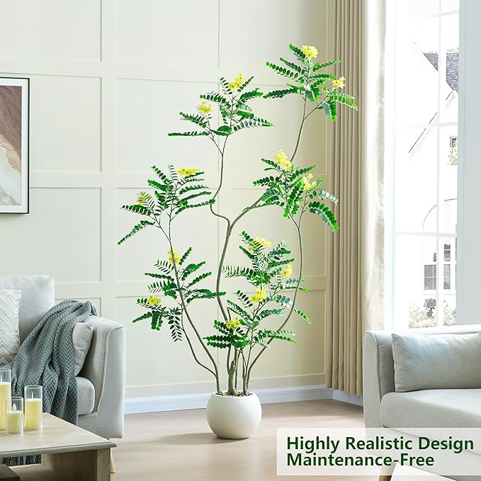 Artificial Mahonia Fortunei Tree - 6FT Artificial Plants Indoor, Fake Floor Plant with White Planter, Tall Sumac Faux Plants for Decor Indoor Home Sala Office Hotel Patio Studio (Yellow)
