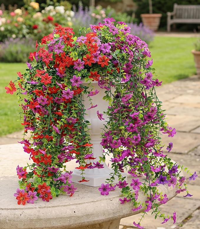 Artificial Hanging Flowers for Outdoors, 4 Pack Fake Hanging Plant for Spring Summer Decor, UV Resistant Faux Silk Flower for Planter Porch Patio Balcony Yard Decoration ( Light Purple & Rose Red)