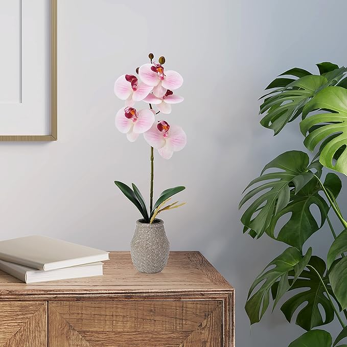 Mikasa Artificial Orchid in Pot, Real Touch Phalaenopsis Orchid, Embossed Weave Cement Pot, 16-Inch Single Branch, Watercolor Pink