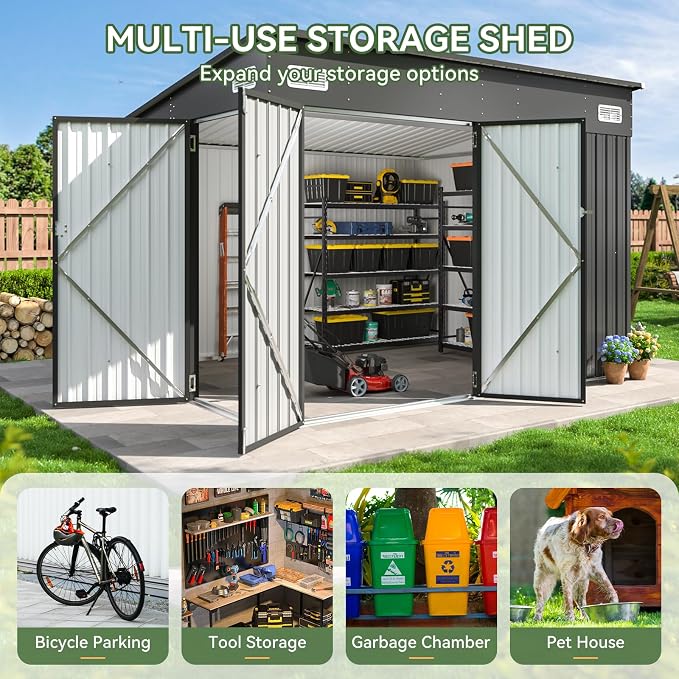 Aoxun 9.4'x7.3' Triple Door Shed Outdoor Storage Shed with Three Lockable Door for Easily Accessing Metal Storage Shed with Slopping Roof for Tools Bicycles Storage in Garden, Backyards (Black)