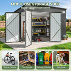 Aoxun 9.4'x7.3' Triple Door Shed Outdoor Storage Shed with Three Lockable Door for Easily Accessing Metal Storage Shed with Slopping Roof for Tools Bicycles Storage in Garden, Backyards (Black)
