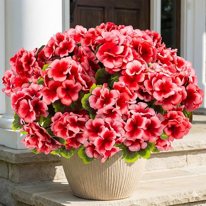 lovemoon 16 Pcs Artificial Geranium Plant Realistic Silk Flowers for Outside UV Resistant Faux Geraniums Flowers for Indoor Outdoor Home Garden Office Decoration (16, Peach)