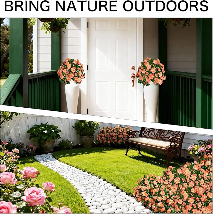 Artificial Flowers for Outdoors, Faux Outdoor Plants Fake Plants Topiary Balls Artificial Outdoor Set of 2 with Ground Spike for Home Front Porch Patio Garden Decor (Tangerine)