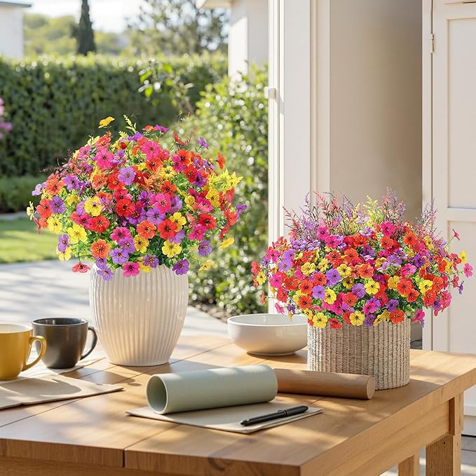 SHareconn 24 Bundles Artificial Flowers for Outdoors Decoration, Faux Plants Fake Silk Colorful Daisy Eucalyptus Lavender, UV Resistant for Outside Home Indoor Spring Decor, RedRosyPurpleYellowOrange