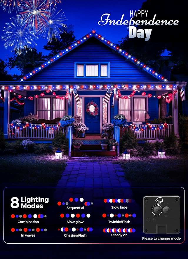 Minetom Red White Blue Lights, 2Pack Total 200 LED 80FT 4th of July Patriotic Lights 8 Modes, Waterproof Solar String Lights Outdoor,Solar String Lights for Outside Independence Day Memorial Day Decor