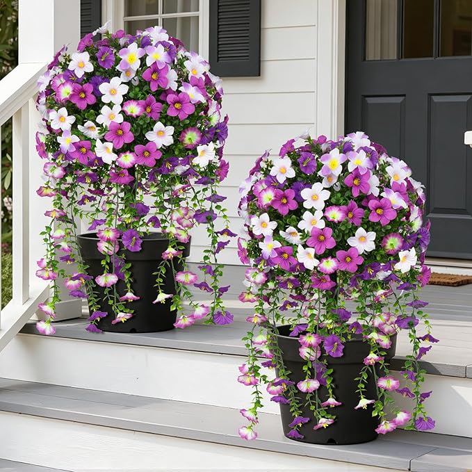 Grooy Artificial Plants Flowers Topiary Ball for Outdoor, 2 Pack Fake Purple Silk Morning Glory Plant Bushes, UV Resistant Realistic Plants Shurbs for Outside,Front Porch,Patio,Yard