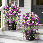 Grooy Artificial Plants Flowers Topiary Ball for Outdoor, 2 Pack Fake Purple Silk Morning Glory Plant Bushes, UV Resistant Realistic Plants Shurbs for Outside,Front Porch,Patio,Yard