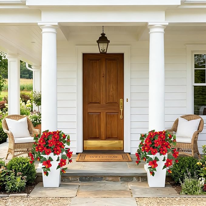 Briful 27.5" Artificial Hibiscus Plant in Tall White Planter, Large Faux Tropical Flower Arrangement for Front Door Porch Patio Balcony Outdoor Indoor Decoration, UV Resistant Fake Red Hibiscus Tree