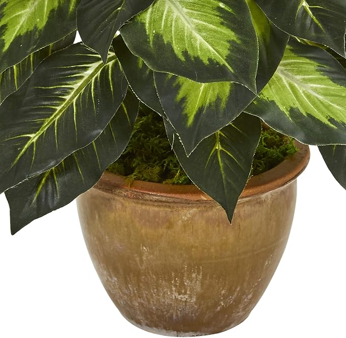 Nearly Natural Artificial Dieffenbachia Plant Faux Greenery in Ceramic Planter for Indoor Home Decor