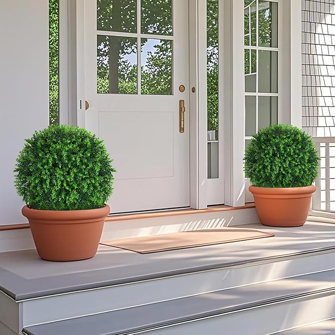 Grooy Artificial Topiary Tree with Eucalyptus, Set of 2 Artificial Shrub Bushes with Ground Spike, Fake Evergreen Tree for Porch, Artificial Plants for Outdoor Planters Indoor UV Resistant