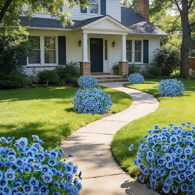 24 Bundles Artificial Flowers for Outdoors Fake Silk Flowers UV Resistant Faux Plants Eucalyptus for Spring Summer Decoration Planters Table Vase Garden Yard Porch Window Home Decor, Blue