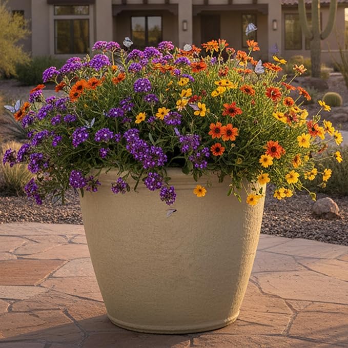 Sunnydaze 20-Inch Anjelica Large Plastic Pot for Plants - Outdoor Double-Walled Large Plastic Planter with Drillable Drainage Holes- Beige