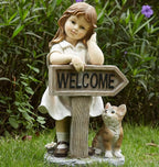 Girl Garden Statue with Solar LED Lights, Solar Girl Welcome Sign with Cat Garden Statue for Outdoor Decor, Porch, Patio, Yard Art Decorations, Polyresin 17.3 inch