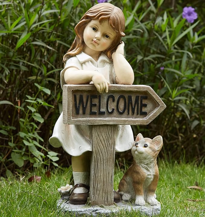 Girl Garden Statue with Solar LED Lights, Solar Girl Welcome Sign with Cat Garden Statue for Outdoor Decor, Porch, Patio, Yard Art Decorations, Polyresin 17.3 inch