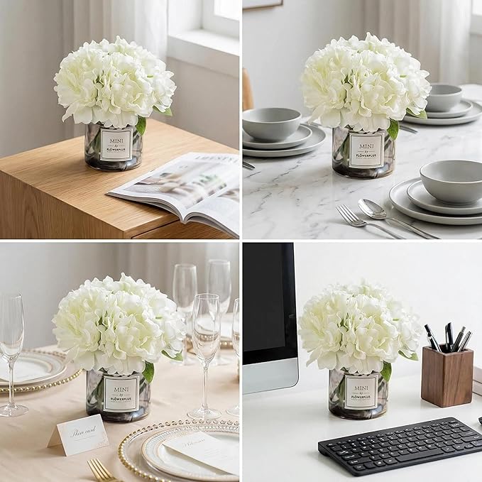 Artificial Hydrangea Flowers with Vase Realistic Faux Peonies, White Hydrangea for Living Room, Dining Table, Office, Wedding, Banquet & Home Decoration