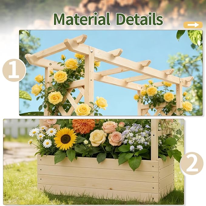 Outvita Raised Garden Bed with Trellis, Wood Planter Box with Hanging Roof, Side Trellis and Drainage Holes, Above Ground Elevated Garden Bed for Outdoor Climbing Plants Vegetables (Natural Wood)