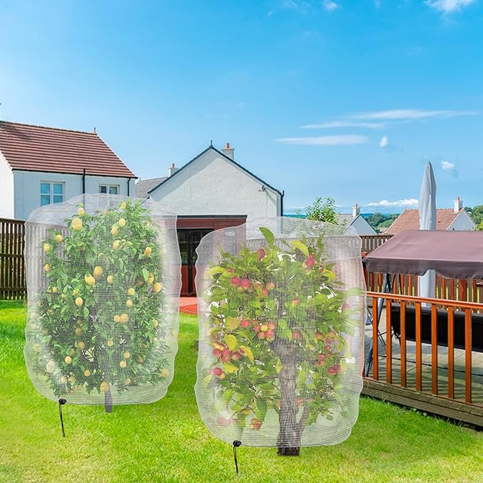 4 Pcs Insect Bird Barrier Tree Net with Drawstring, 4.9 x 3.2 Ft Garden Bird Netting Plant Cover, Fruit Tree Netting for Protect Plants Fruits Flowers from Insect Bird Eating