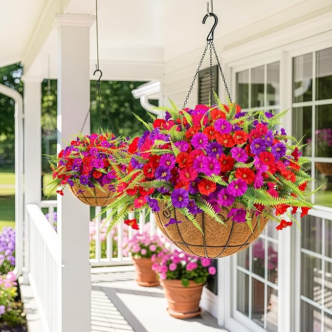 Artificial Flowers for Outdoors 12 Bundles Artificial Petunias Fake Flowers UV Resistant Shrubs Plants with Fern for Indoor Outside Hanging Planters Home Garden Spring Summer Decorations
