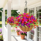 Artificial Flowers for Outdoors 12 Bundles Artificial Petunias Fake Flowers UV Resistant Shrubs Plants with Fern for Indoor Outside Hanging Planters Home Garden Spring Summer Decorations