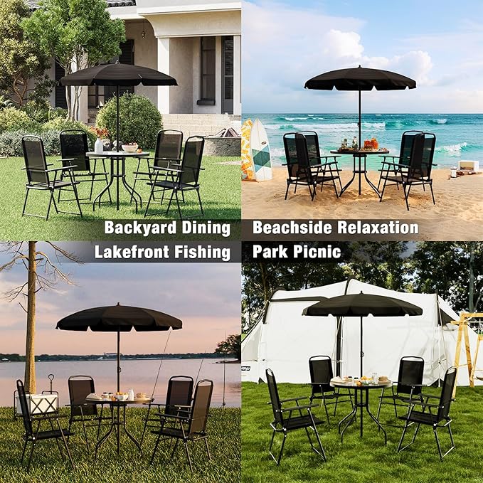 TAVATA Patio Dining Set with Umbrella, Patio Table and Chairs Set with Round Glass Table, 4 Folding Chairs, 6 Piece Outdoor Furniture Sets for Garden, Lawn, Backyard, Deck (Black)