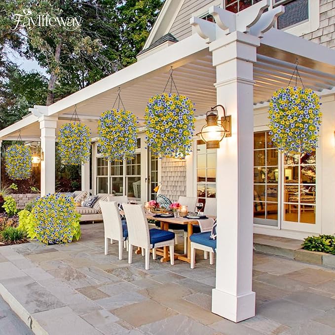 Artificial Hanging Flowers for Outdoors Spring Summer Decoration, 8PCS UV Resistant Silk Fake Hanging Plants for Patio Porch Front Yard Window Garden Indoor Decor(Blue&Yellow,8PCS)
