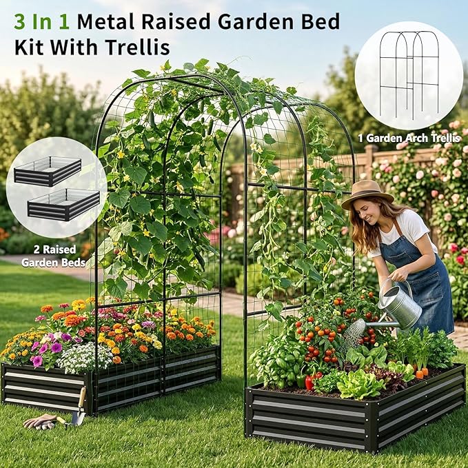 DoCred 3 in 1 Raised Garden Bed with 87in Tall Arch Trellis for Climbing Plants, Galvanized Planter Garden Box Outdoor for Gardening, Climbing Vegetables, Flower, Black
