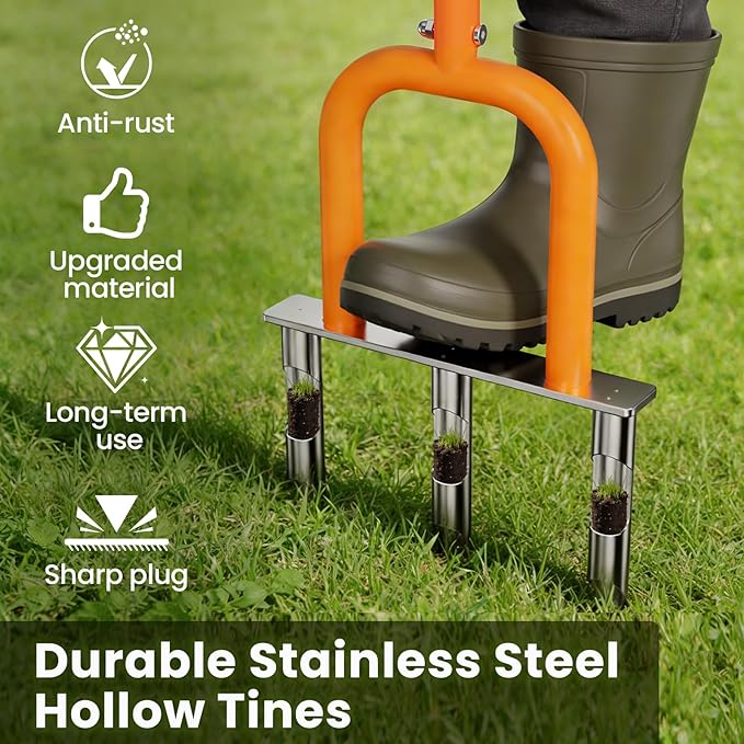 Lawn Aerator, Stainless Steel Lawn Aerator Tool with 3 Hollow Tines, Yard Grass Soil Core Aerator, Manual Lawn Plug Aerators, Core Aeration Tool for Lawn Garden Compacted Soil (Orange)