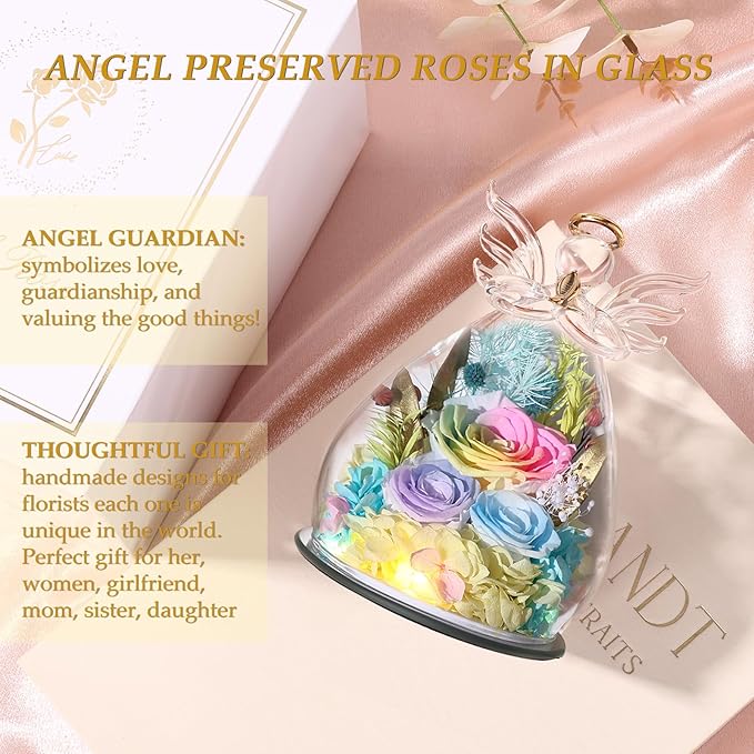 FIACO Gifts for Women Birthday Preserved Rose Forever Flower in Glass Angel Figurines Fresh Flowers for Delivery Prime for Mom Real Orange Roses for Grandma Sister Wife Her from Daughter