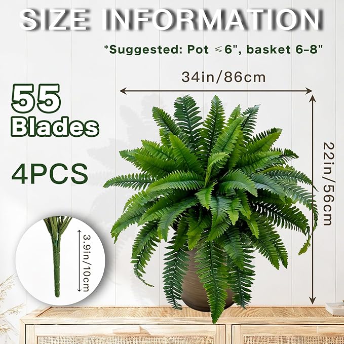 Senjie Artificial Boston Fern 4 Set Large 55 Branches Fake Ferns for Outdoors 34Inch Faux Plant for Home Living Room Office Decor