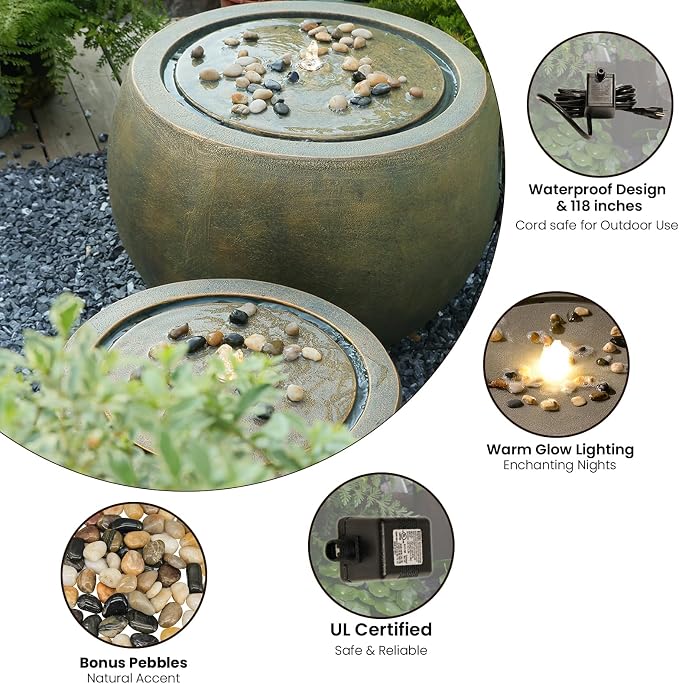 Tankana Garden Water Fountain Outdoor Bubbler Water Feature Indoor with Lights & Pump and Pebbles Waterfall Fountains Concrete Effect for Patio Deck Yard Home Decor Gold, 18 "L x 18" W x 11.5" H