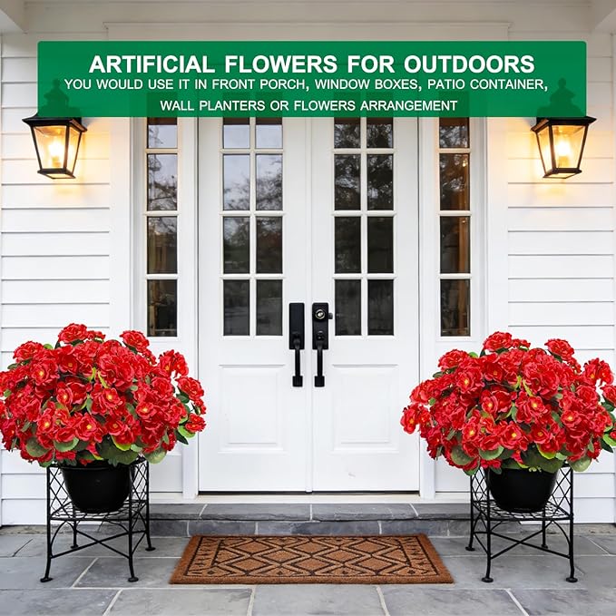 Artificial Geraniums Flowers for Outdoors Mother's Day Derby Day Decor, 4 Bundles Fake Flowers Silk Red Flowers UV Resistant No Fade Faux Plants for Garden Planter Patio Indoor Cemetery Summer Decor