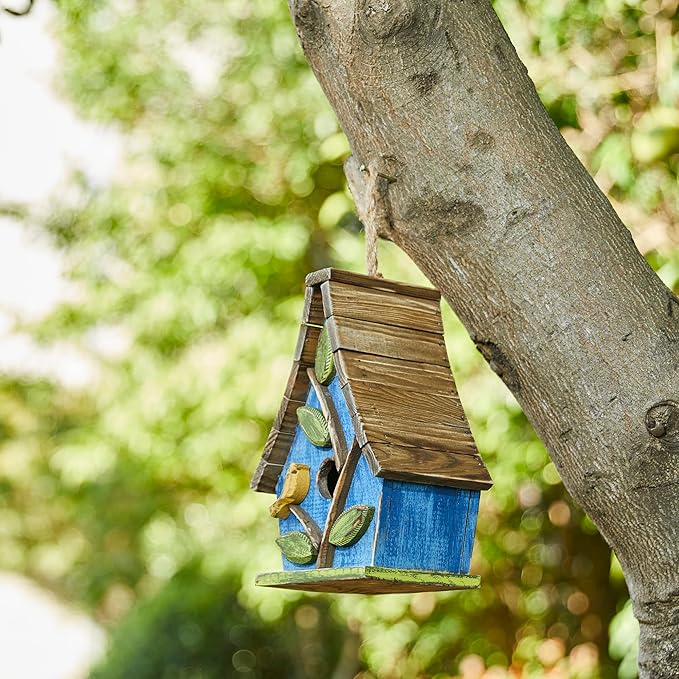 Glitzhome Hanging Bird House for Outdoor, 9.5"H Decorative Pet Cottage Distressed Wooden Bird House with Natural Wood Slatted Roof and 3D Tree for Bluebird Swallow Sparrow Finch Cardinals,Washed Blue
