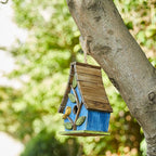 Glitzhome Hanging Bird House for Outdoor, 9.5"H Decorative Pet Cottage Distressed Wooden Bird House with Natural Wood Slatted Roof and 3D Tree for Bluebird Swallow Sparrow Finch Cardinals,Washed Blue