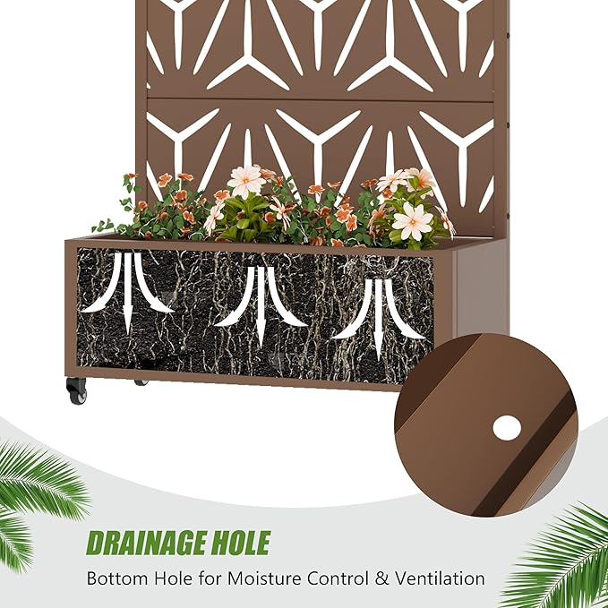 Casaphoria Metal Raised Garden Bed with Trellis and Wheels, 72"x35"x16" Planter Box for Climbing Plants, Vegetables & Vines, Features Drainage Holes and Privacy Screen, Brown-Star