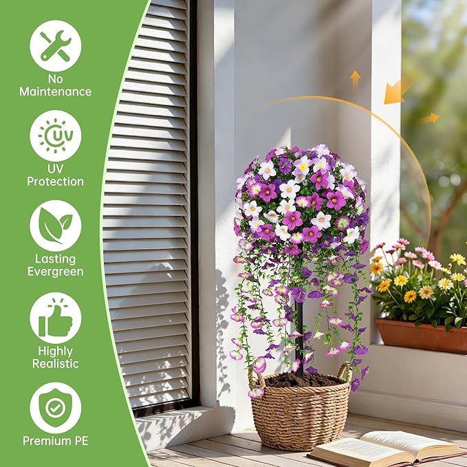 Grooy Artificial Plants Flowers Topiary Ball for Outdoor, 2 Pack Fake Purple Silk Morning Glory Plant Bushes, UV Resistant Realistic Plants Shurbs for Outside,Front Porch,Patio,Yard